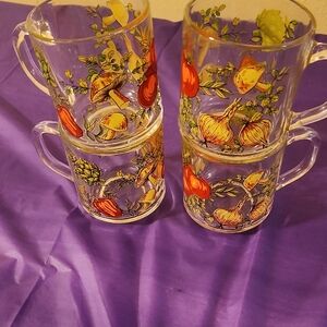VTG. Acroroc France Glass Mug Set with Colorful Vegetable Design